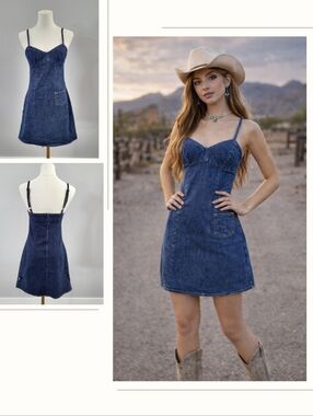 Y2K Denim Mini Dress Stretch Blue Jean A Line Casual Small